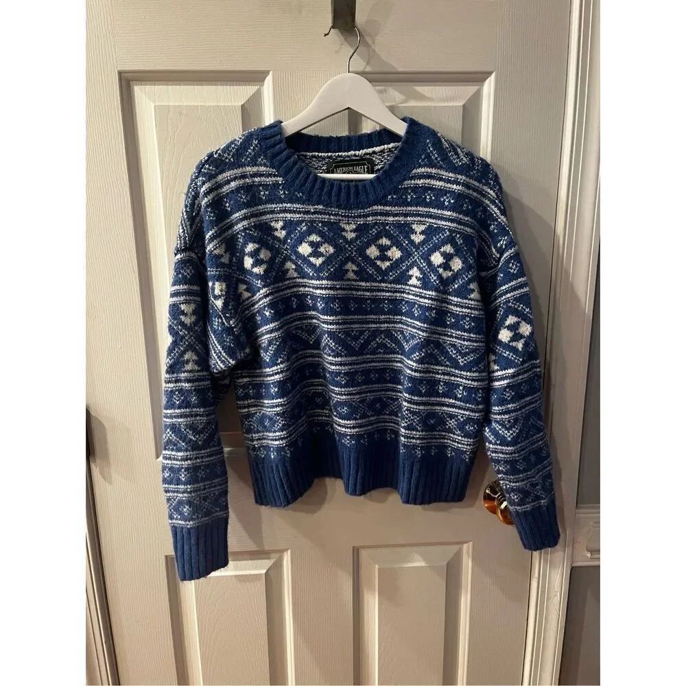 Vintage American Eagle Blue & White Print Acrylic Crew Neck Sweater sz S